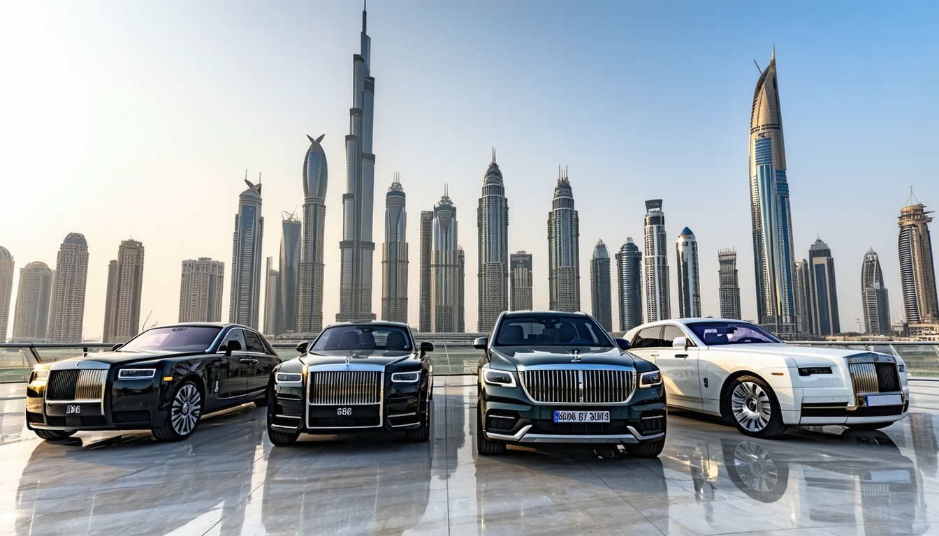 Dubai skyline with luxury vehicles ready for travel