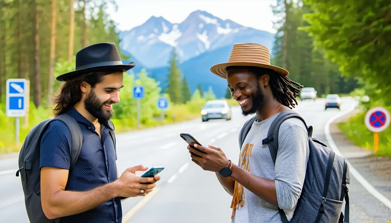 Happy travellers using mobile app for toll and travel services