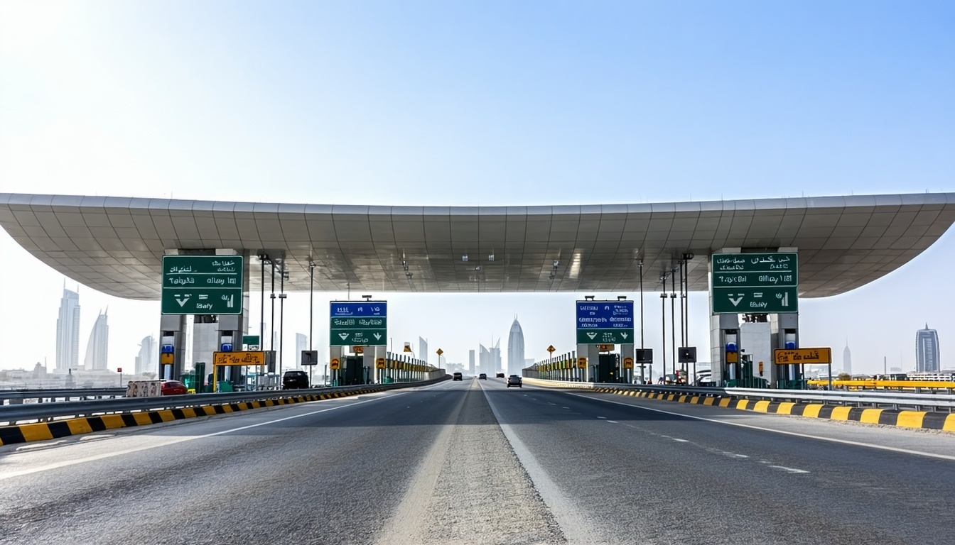 Modern toll gate on a UAE highway managed by Toll Way Travel