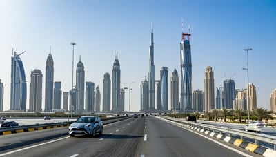 Dubai skyline with toll road and vehicles
