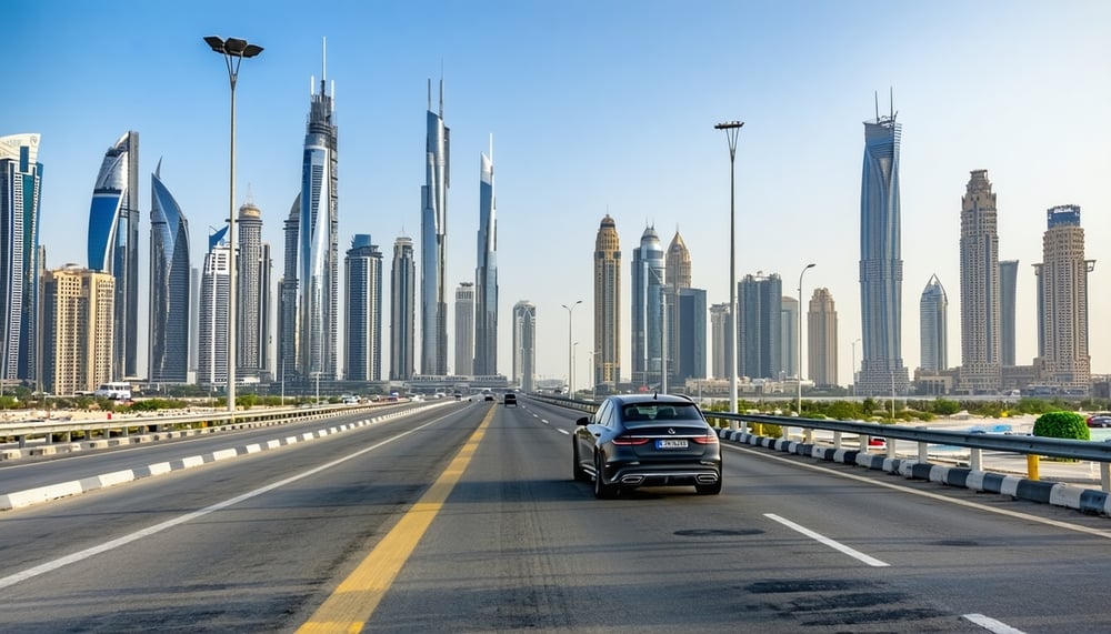Dubai skyline with modern roads and luxury vehicles